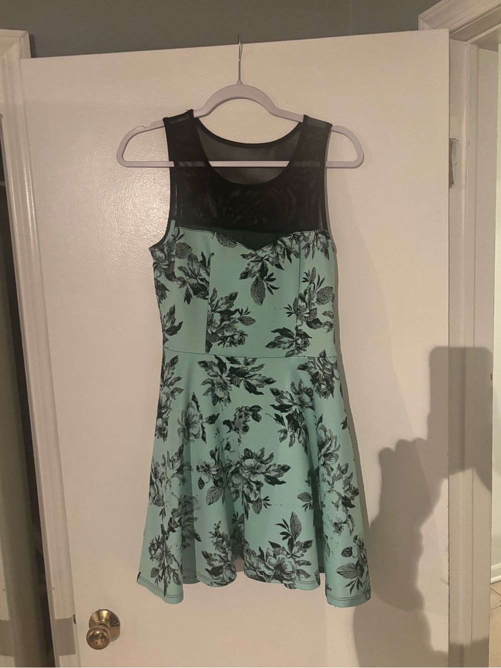 Mint Floral Fit-and-Flare Dress with Black Mesh Yoke